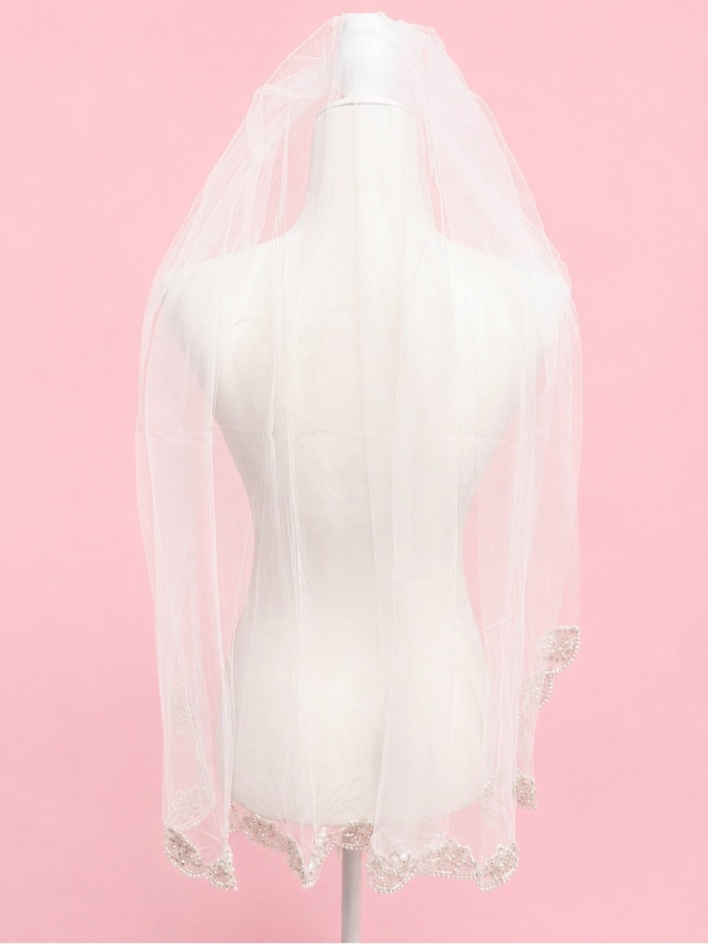 White Bridal Veil with Beaded Edges - Picture 6 of 7